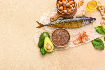 Healthy products rich in omega-3 on table