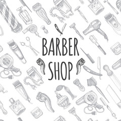 Hand drawn sketch illustration for barbershop. Identity Hair Salon. Accessories for the hairdresser, made in graphic style.