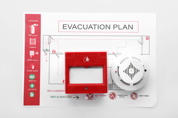 Evacuation plan, smoke detector and manual call point on white background