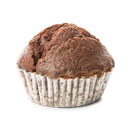 Tasty chocolate muffin on white background