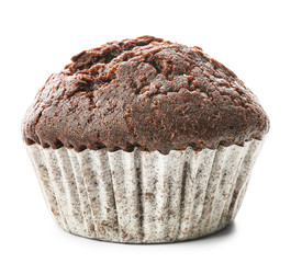 Tasty chocolate muffin on white background