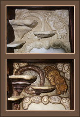 Molded shelves in the form of mushrooms and stucco tiger with decorative stones in kitchen interior before and after painting.