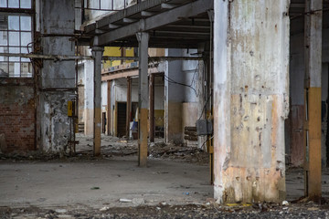 Interior of an abandoned industrial workshop. MIG Aircraft Building Plant in Moscow, Russia