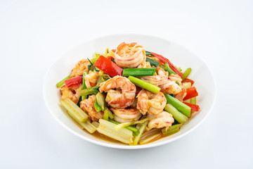 Stir-fried shrimp with celery in a dish on white background