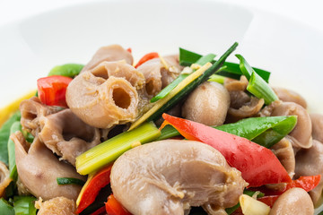 Chinese national dish fried grouper maw with garlic leaves