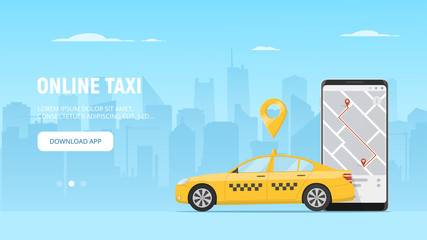 Online taxi app web banner template. Taxi service. Car taxi and phone with geo location on display on cityscape background. Modern city life. Commercial transport. Vector illustration in flat style. - obrazy, fototapety, plakaty