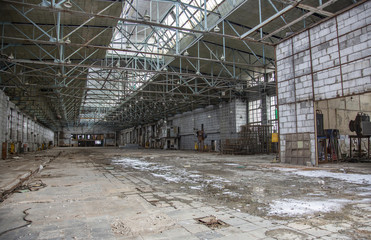 Interior of an abandoned industrial workshop. MIG Aircraft Building Plant in Moscow, Russia