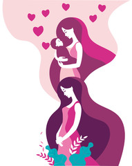 A childless woman dreams of a child. Illustration in rose colors. Vector illustration in flat style.