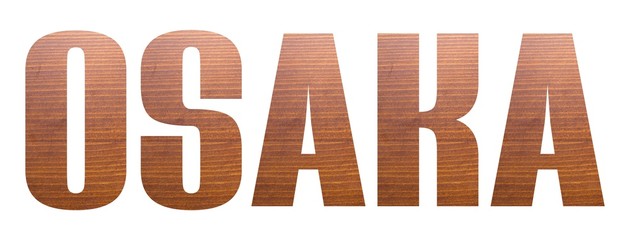 OSAKA word with brown wooden texture on white background.