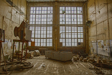 Interior of an abandoned industrial workshop. MIG Aircraft Building Plant in Moscow, Russia