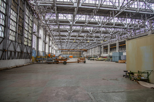 Interior of an abandoned industrial workshop. MIG Aircraft Building Plant in Moscow, Russia