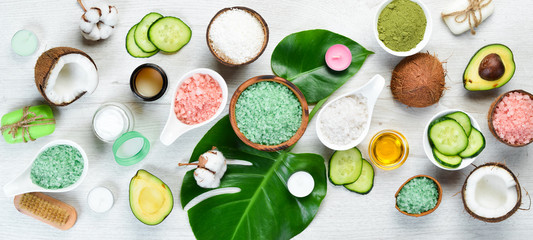 Natural Cosmetics: Avocado, coconut, sea salt and face cream. The concept of cosmetics and spa. Top...