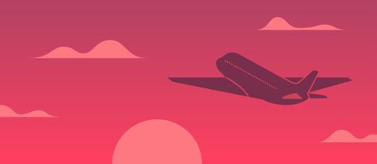 Airplane flying in the sky at sunset vector illustration. Concept vacation with plane and red sunset background