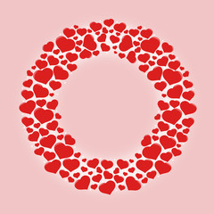 Red hearts in the shape of a circle on a pink background. Copy space. Valentine's Day, Mother's Day background.