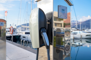 January 13, 2020, Tivat, Montenegro: Charging station (EV) for ecological Tesla vehicles or beach...