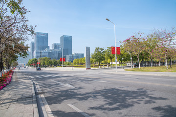 City CBD office buildings and pavement scenery in Nansha District, Guangzhou, China