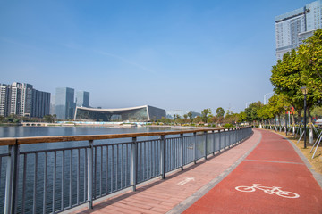 Scenery and lakeside walkways at Phoenix Lake Park, Jiaomen, Nansha District, Guangzhou, China