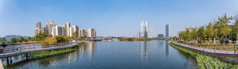 Fototapeta na wymiar Panoramic scenery of Phoenix Lake Park, Jiaomen, Nansha District, Guangzhou, China