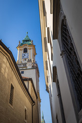 Fototapeta na wymiar Bratislava Old Town Hall Clock Tower view and blue sky background