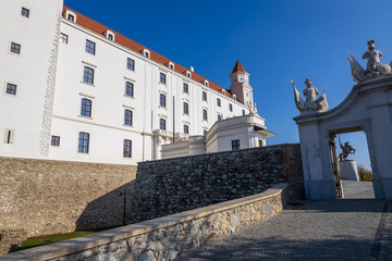 Entrance gate of beautiful white historical building of Bratislava Castle, Slovakia