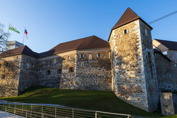 Walls of Ljubljana Castle, famous historical sight in capital of Slovenia