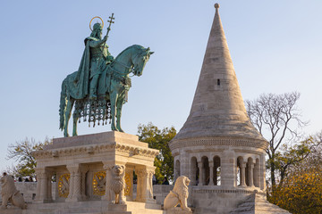 Fototapeta na wymiar St Stephen statue at Fishermans bastion in Budapest, Hungary
