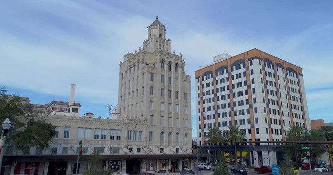 4K Aerial Video of Drone Rising Above Snell Arcade in Downtown St Petersburg, Florida