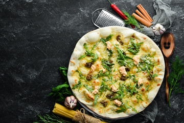 Pizza with arugula, mushrooms and cheese. Top view. Free copy space.