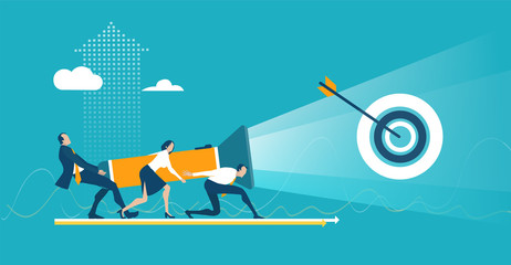 Business people illuminating with torch the target. Finding solution, support and working together, Business professional world of advisory. Concept illustration 