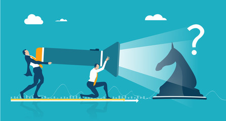 Fototapeta premium Business people illuminating with torch chess figure horse. Finding solution, support and working together, Business professional world of advisory. Concept illustration 