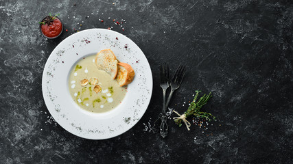 Mushroom cream soup. Top view. Free space for your text.