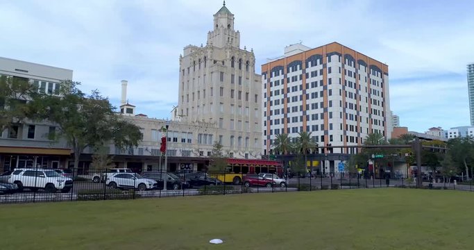 4K Aerial Video of Trolley Arriving at Snell Arcade at Central Ave and 4th Street N. in St Petersburg, Florida