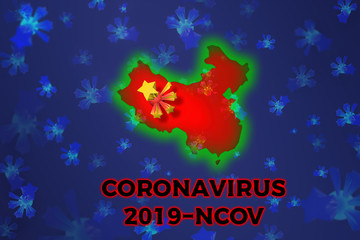Coronavirus 2019 is a new concept of the nCov coronavirus responsible for the Asian flu outbreak and flu coronaviruses. A blue background with bacteria stars and a map of China with a green glow