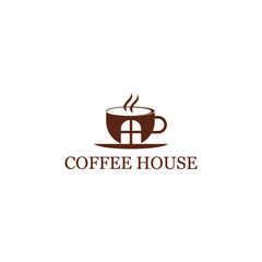 modern logo coffee cup with negative space  window and brown color for cafe and coffee house logo