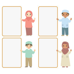 Happy Muslim children standing beside an empty banner. Muslim kids background cartoon vector set.