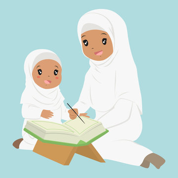 recommend clip art: Muslim African American girl learning to read quran. a woman teaching a young girl to read quran, cartoon vector.