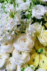 Rose cappuccino, brunia, daffodil, Eustoma, lisianthus, ranunculus, Skimia the most beautiful bouquet of flowers this year