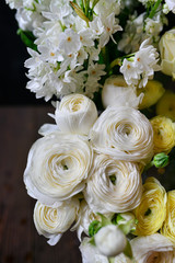 Rose cappuccino, brunia, daffodil, Eustoma, lisianthus, ranunculus, Skimia the most beautiful bouquet of flowers this year