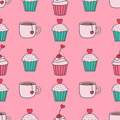 Cupcakes,muffins and tea cups seamless repeat pattern.Valentine's day pattern.