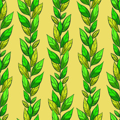 Vector seamless pattern with vertical branches and green leaves; natural design for fabric, wallpaper, wrapping paper, textile, package, web design.