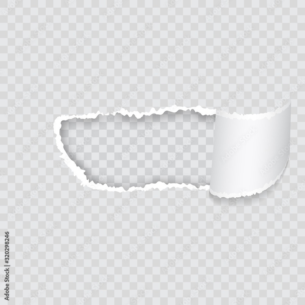 Poster empty realistic torn paper scroll and hole on transparent background. vector realistic torn and twis