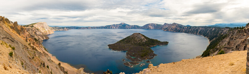 Panoramic view of Wizar Island from The Watchman lookout point in Crater Lake