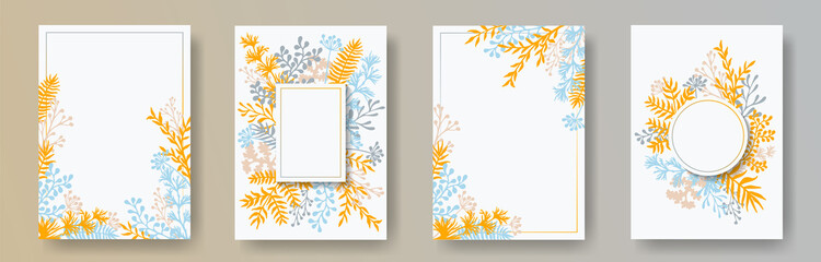 Cute herb twigs, tree branches, flowers floral invitation cards templates. Herbal frames romantic invitation cards with dandelion flowers, fern, lichen, olive tree leaves, savory twigs.