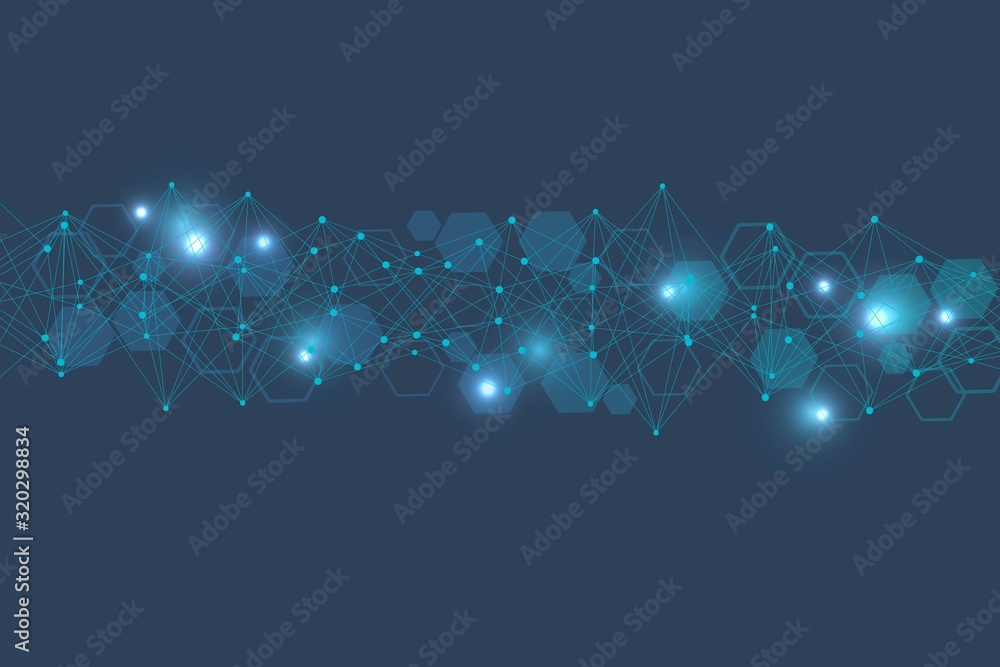 Poster geometric abstract background with connected line and dots. structure molecule and communication. bi