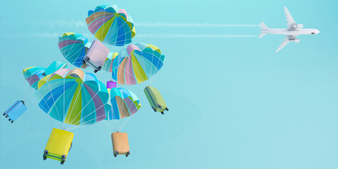 Pastel luggage flying with colorful parachute on blue background and white plane.travel concept. 3d rendering