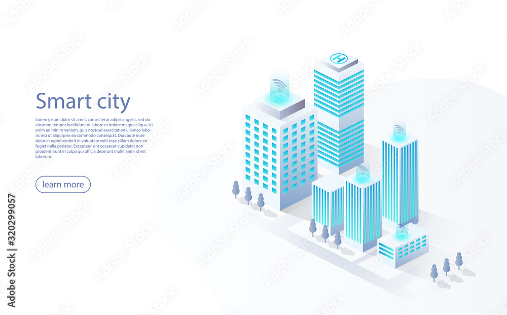 Poster smart city with smart services, internet of things, networks. smart city design isometric concept. c