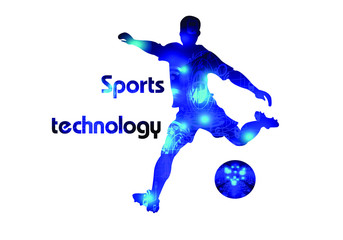 sports science technology concept. Football Logo design. Soccer player kick the goal. various technological graphics. V A R, Icon, Exercise, Symbol, Silhouette. Vector illustration.