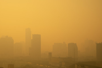 The buildings with yellow smoke in the morning, Smog in the city from PM 2.5 dust, Concept for copy space.