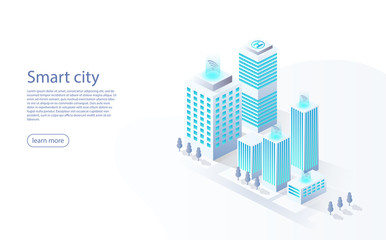 Smart city with smart services, internet of things, networks. Smart city design isometric concept. Concept building management system, technology of iot. Building automation with computer networking.