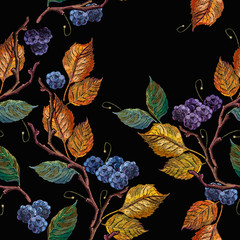 Embroidery fashion art, template for design of clothes, t-shirt. Blackberry and autumn leaves seamless pattern